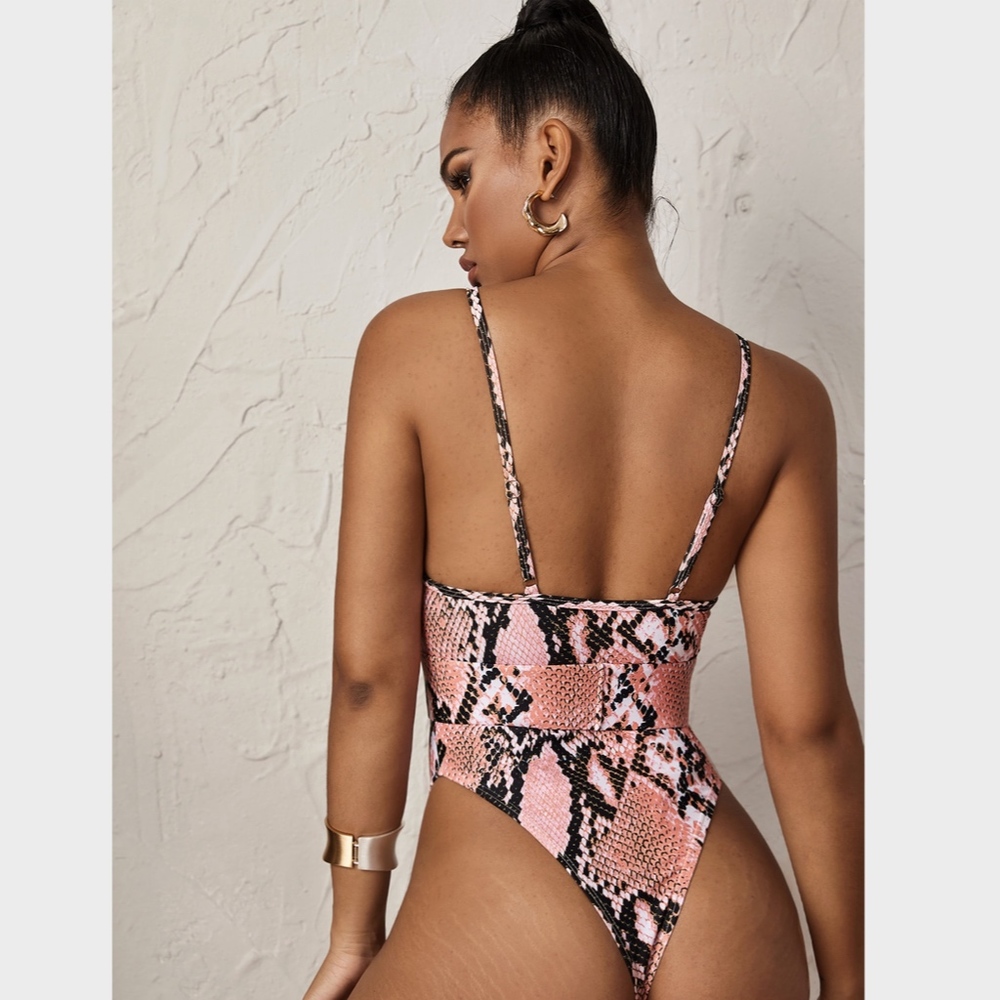 Reptile Print Pink Belted Monokini One Piece - Picture 3 of 9
